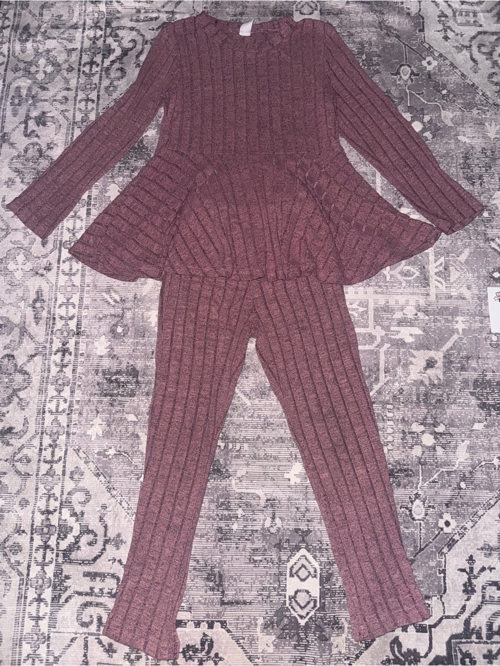 SHEIN Ribbed Peplum Knit Top & Pants Set - Mauve Pink